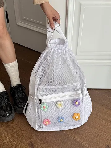 Mochila de Malla Tejida Estilo Coreano para Mujer Con Flores de Ganchillo Calado Cordón Bolsa Escolar Juvenil Casual