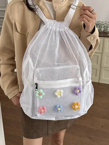 Mochila de Malla Tejida Estilo Coreano para Mujer Con Flores de Ganchillo Calado Cordón Bolsa Escolar Juvenil Casual