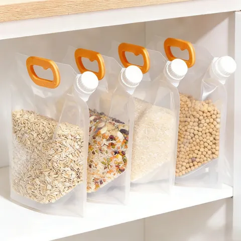 Transparent Spout Food Sealing Bags Portable Handle Moisture Proof Stand Up Pouch For Grains Rice Reusable Storage Bag