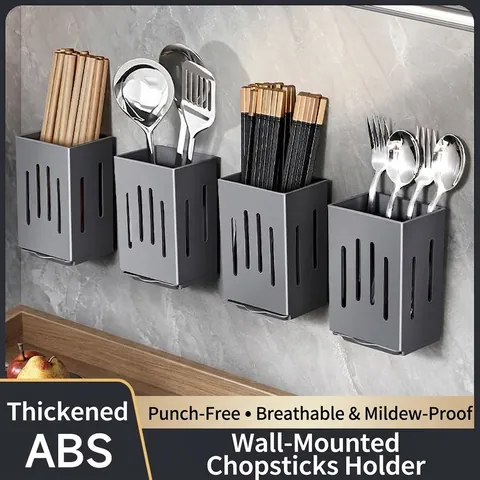 Wall Mounted Kitchen Chopstick Holder Draining Spoon Rack Storage Organizer With Drip Tray And Hooks Plastic Cutlery Drying Rack