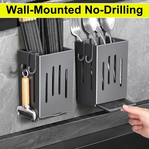 Wall Mounted Kitchen Chopstick Holder Draining Spoon Rack Storage Organizer With Drip Tray And Hooks Plastic Cutlery Drying Rack