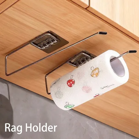 Metal Kitchen Paper Towel Holder Wall Mounted No Drill Adhesive Storage Rack For Plastic Wrap Rag Roll Towel Holder