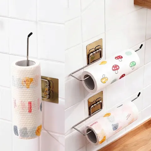 Metal Kitchen Paper Towel Holder Wall Mounted No Drill Adhesive Storage Rack For Plastic Wrap Rag Roll Towel Holder