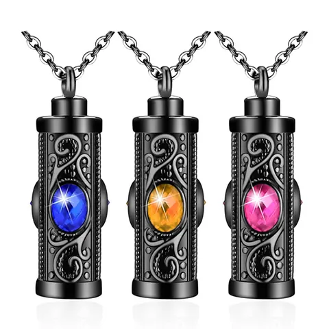 Collier Urne de Crémation en Acier Inoxydable Forme Cylindre 12 Couleurs Pierre de Naissance Strass Pendentif Commémoratif Bijoux Homme Femme
