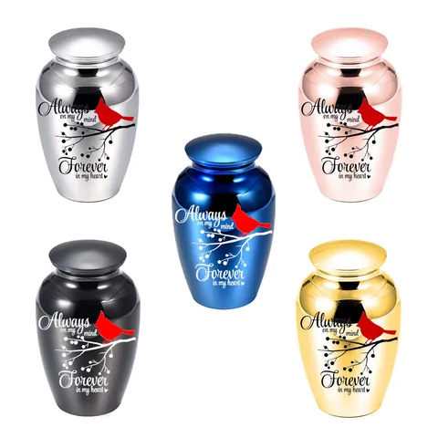 Aluminum Alloy Pet Cremation Urn For Dogs Cats Memorial Ashes Jar Cardinal Bird Pattern Forever In My Heart Keepsake