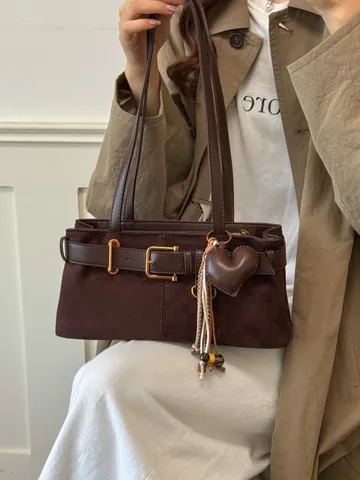 Koreanische Retro Wildleder Unterarmtasche Damen Vintage Baguette Tasche Einfarbig Schultertasche Mit Gürtelschnalle