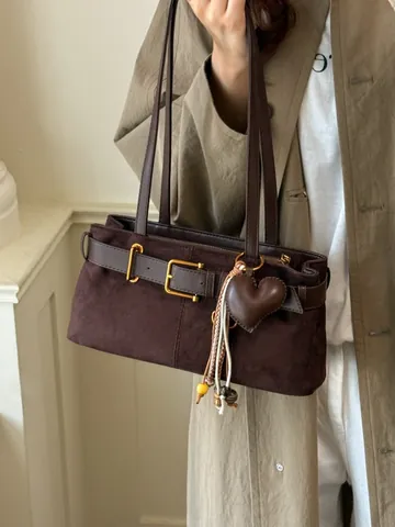 Koreanische Retro Wildleder Unterarmtasche Damen Vintage Baguette Tasche Einfarbig Schultertasche Mit Gürtelschnalle