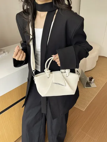 Borsa a Secchiello Plissettata Vintage da Donna Borsa a Mano con Manico Annodato Tracolla Piccola Borsa di Design Tinta Unita
