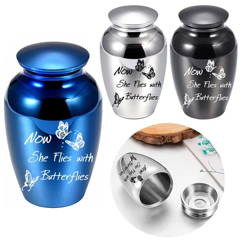 Aluminum Alloy Memorial Cremation Urn For Pet Human Ashes Keepsake Jar With Butterfly Engraving Now She Flies With Butterflies