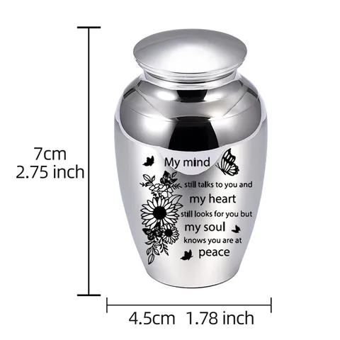 Small Keepsake Cremation Urns Aluminum Alloy Memorial Jar For Human Pet Ashes With Sunflowers Butterfly Engraving Decor