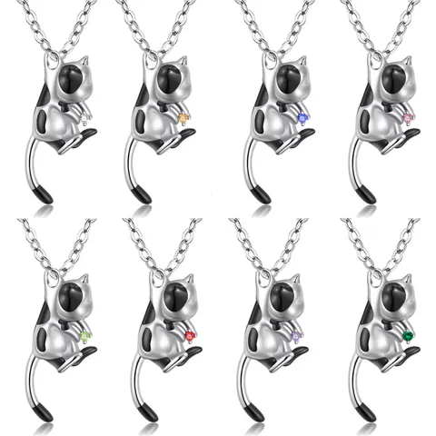 Stainless Steel 3D Tuxedo Cat Cremation Necklace Memorial Pet Urn Pendant With 12 Birthstones Rhinestone Cat Urn Jewelry For Ashes