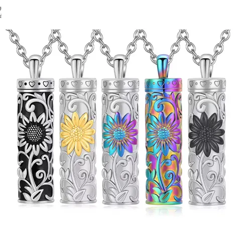 Collier Urne Cylindre Tournesol pour Cendres Acier Inoxydable Bijoux Mémorial pour Animaux Humains Pendentif Ouvrable