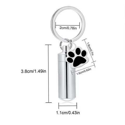 Stainless Steel Pet Memorial Urn Keychain Cylindrical Ashes Holder With Dog Paw Charm For Hair Fur Keepsake Cremation Jewelry