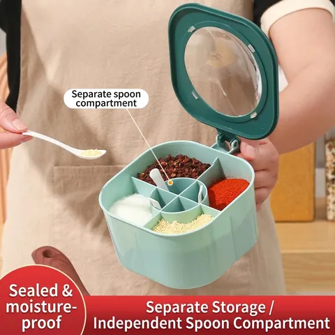 4-Compartment Kitchen Seasoning Box Set With Spoons PP Plastic Transparent Lid Spice Storage Container Condiment Jar