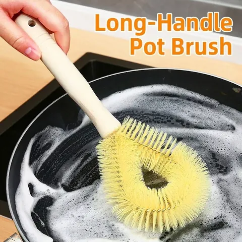 Long Handle Kitchen Pot Brush Wood Cleaning Scrubber Yellow Bristles Non-stick Oil Dish Pan Cleaning Tool For Home Kitchen