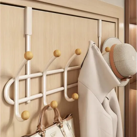 Modern Over The Door Hook Rack Punch-Free Carbon Steel Coat Hanger Storage Organizer With Wood Balls For Clothes Bags Hats