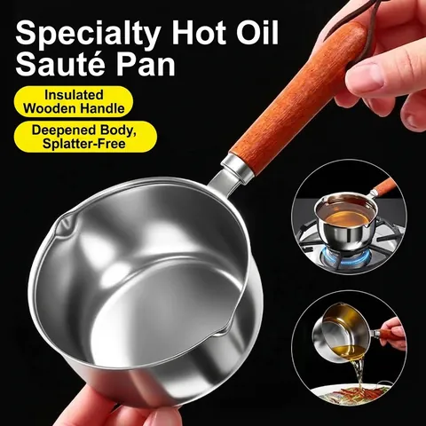 Stainless Steel Mini Hot Oil Pan With Wood Handle Small Butter Melting Pot For Kitchen Cooking Oil Pouring Tool