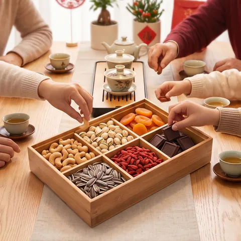 Bandeja de Frutos Secos Dividida de Bambú con Tapa Caja de Almacenamiento de Aperitivos de Seis Compartimentos Decorativa