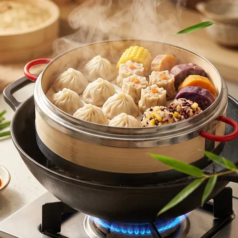 Stainless Steel Banded Bamboo Steamer Traditional Chinese Handmade Woven Steamer Basket With Red Handles For Dim Sum Dumpling Buns Kitchen