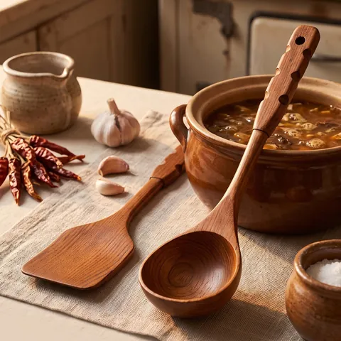 Vintage Wooden Cooking Utensil Set Natural Schima Superba Heat Resistant Spatula and Soup Spoon for Non-Stick Pan Kitchen