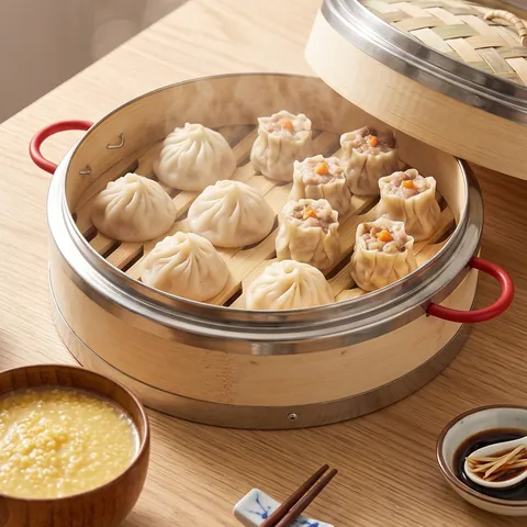 Stainless Steel Banded Bamboo Steamer Traditional Chinese Handmade Woven Steamer Basket With Red Handles For Dim Sum Dumpling Buns Kitchen