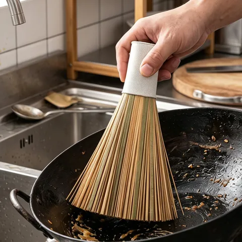 Brosse à Wok en Bambou Traditionnelle Faite à la Main Poils en Bambou Naturel Récurage Robuste Tête Plate pour Cuisine Commerciale