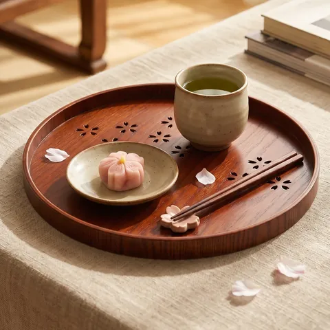 Bandeja Redonda de Madera de Fresno Con Patrón de Flor de Cerezo Calado Estilo Zen Japonés Bandeja de Servicio para Hogar