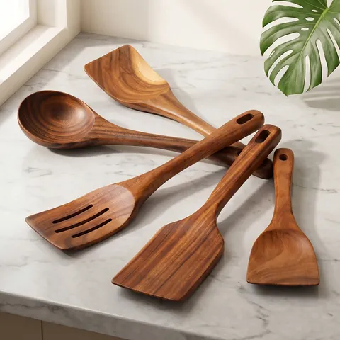 Natural Teak Wood Cooking Spatula Set Long Handle Kitchenware Non-stick Pan Friendly Wooden Turner Slotted Spatula Soup Ladle Rice Spoon Kitchen Cooking Tools