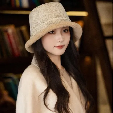 Women Reversible Jacquard Cotton Bucket Hat Winter Warm Lamb Wool Fisherman Cap Retro Suede Style Outdoor Flat Top Sun Hat