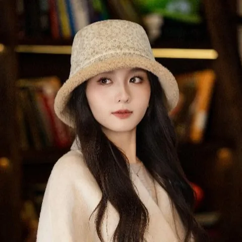 Women Reversible Jacquard Cotton Bucket Hat Winter Warm Lamb Wool Fisherman Cap Retro Suede Style Outdoor Flat Top Sun Hat