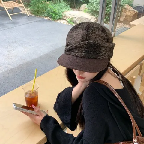 Vintage Plaid Newsboy Cap For Women Autumn Winter Cotton Nylon Baker Boy Hat Japanese Style Beret Painter Cap Face Slimming