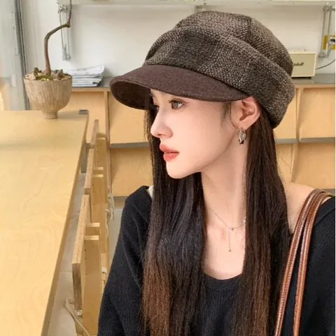 Vintage Plaid Newsboy Cap For Women Autumn Winter Cotton Nylon Baker Boy Hat Japanese Style Beret Painter Cap Face Slimming