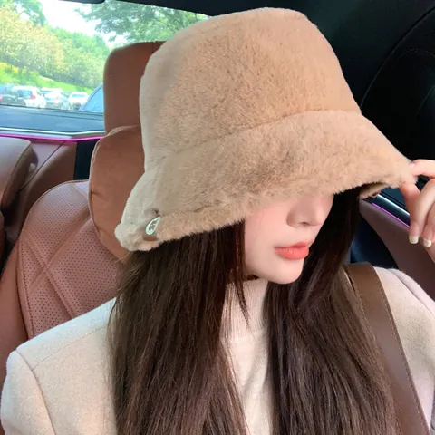 Vintage Women Plush Bucket Hat Autumn Winter Thick Warm Faux Fur Fishermans Hat Retro Solid Color All-match Cloche Hat