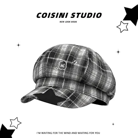 Gorra Newsboy de Cuadros para Mujer Estilo Británico Boina Cloud Casual Bordada Ala Ancha Mezcla Algodón Nailon