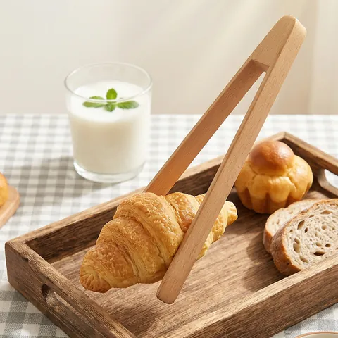 Professional Beech Wood Kitchen Food Tongs Minimalist Heat Resistant Anti Slip Bread Cake Dessert BBQ Serving Clip Baking Cooking Tool