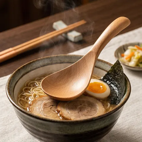 Japanese Style Beech Wood Soup Spoon Long Curved Handle Natural Wooden Ramen Ladle Slotted Serving Spoon For Home Kitchen