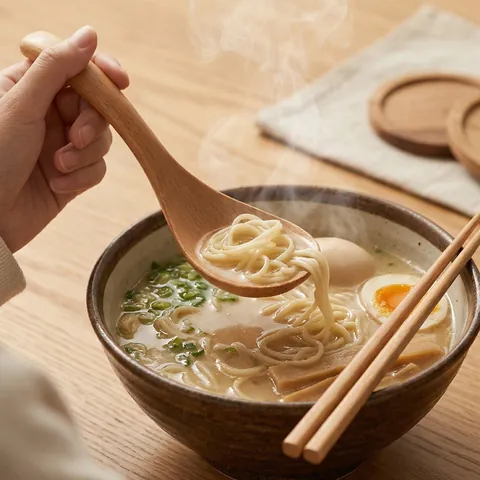 Japanese Style Beech Wood Soup Spoon Long Curved Handle Natural Wooden Ramen Ladle Slotted Serving Spoon For Home Kitchen