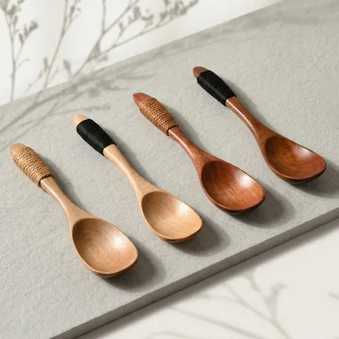 Handmade Wound Handle Wood Honey Spoon Small Wooden Stirring Spoon For Coffee Jam Ice Cream Dessert Mini Kitchen Spoons