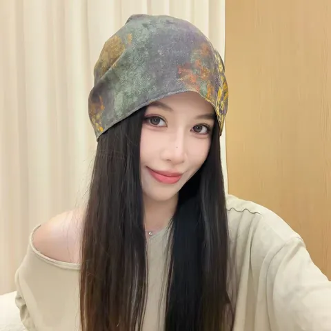 Bonnet Slouchy Style Wasteland Vintage pour Femmes Brodé Plaid Imprimé Papillon Satin Coton de Soie Turban