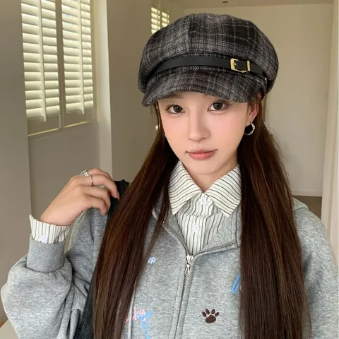 Women British Vintage Plaid Newsboy Cap Adjustable Cotton Octagonal Hat With Leather Buckle Retro Casual Autumn Baker Boy Hat