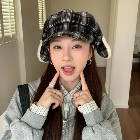 Sweet Cute Plaid Newsboy Cap For Women Autumn Winter Plush Rabbit Ears Bowknot Octagonal Hat Warm Versatile Headwear