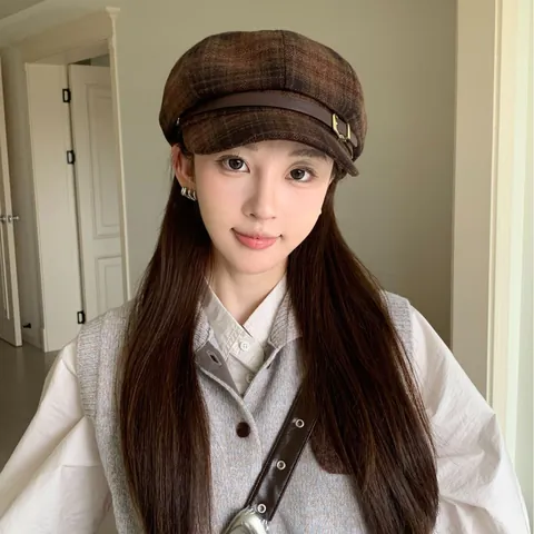 Women British Vintage Plaid Newsboy Cap Adjustable Cotton Octagonal Hat With Leather Buckle Retro Casual Autumn Baker Boy Hat