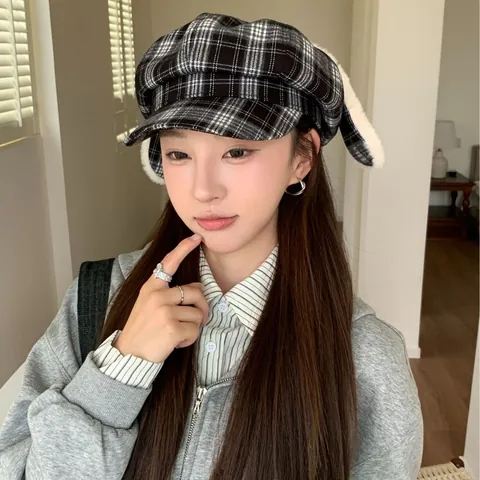 Sweet Cute Plaid Newsboy Cap For Women Autumn Winter Plush Rabbit Ears Bowknot Octagonal Hat Warm Versatile Headwear