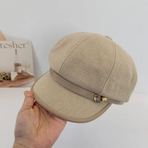 Damen French Vintage Schiffermütze Baumwolle Warm Herbst Winter Ballonmütze Mit Kunstledereinfassung Und Metallschnalle
