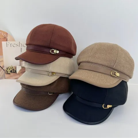 Damen French Vintage Schiffermütze Baumwolle Warm Herbst Winter Ballonmütze Mit Kunstledereinfassung Und Metallschnalle