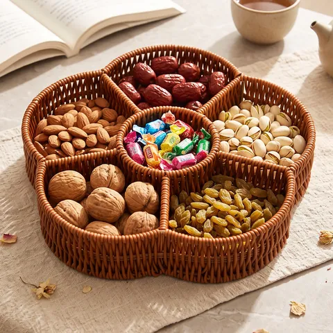 Handgewebte Rattanschale Unterteilt Obstschale Dunkelbraun PP Snack Nüsse Süßigkeiten Aufbewahrungskorb Dekoratives Serviertablett