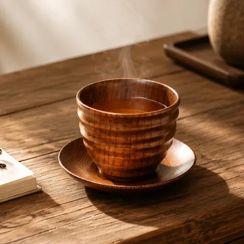 Japanese Retro Jujube Wood Tea Cup Handcrafted Solid Wood Insulated Water Cup With Five-Line Threaded Design Belly Cup