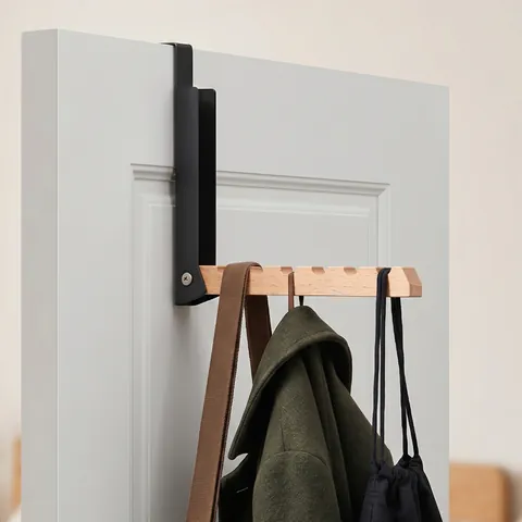 Gancho para Puerta Sin Taladro Perchero Plegable de Madera de Haya y Metal Colgador de Ropa Portátil para Dormitorio Hotel