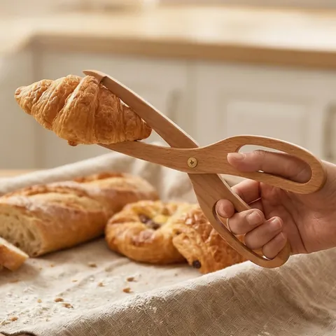 Beech Wood Scissor Food Tongs Non-Slip Heat Resistant Bread Clip For Baking BBQ Buffet Korean Style Natural Kitchen Tool