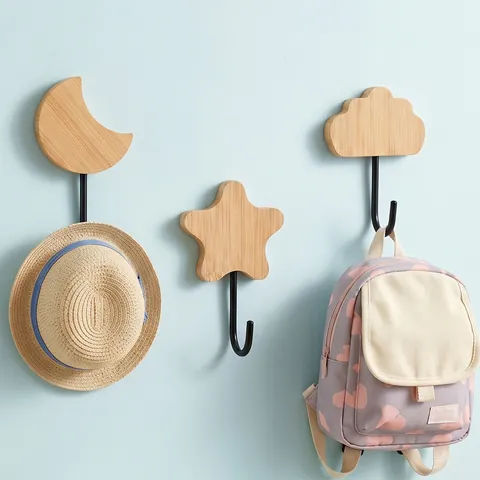 Cartoon Bamboo Adhesive Wall Hooks Natural Wood Decorative Metal Hook For Kitchen Bathroom Star Heart Cloud Moon Shape Hook